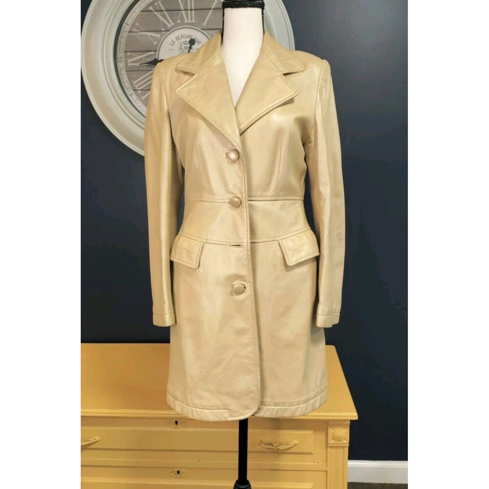 Sheepskin Leather Jacket Women's Small Beige Mid Length Pocket City Style